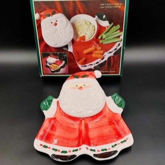 Ceramic Santa Chip & Covered Dip Platter Hand Painted Vintage Christmas St. Nick - Picture 1 of 10